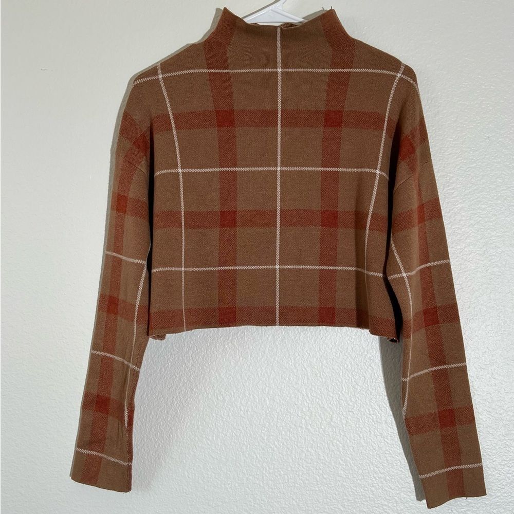 JNY Cropped Plaid Mock Neck Sweater, Medium, Warm Brown & Red
